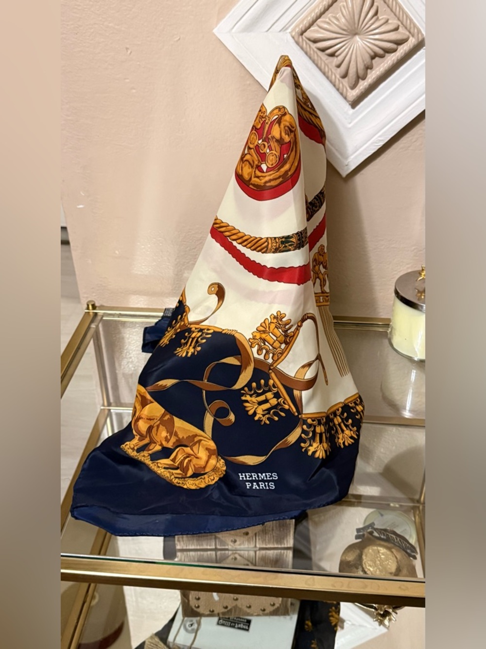 Hermès , navy  Cream & Gold Silk Scarf with Red Accents